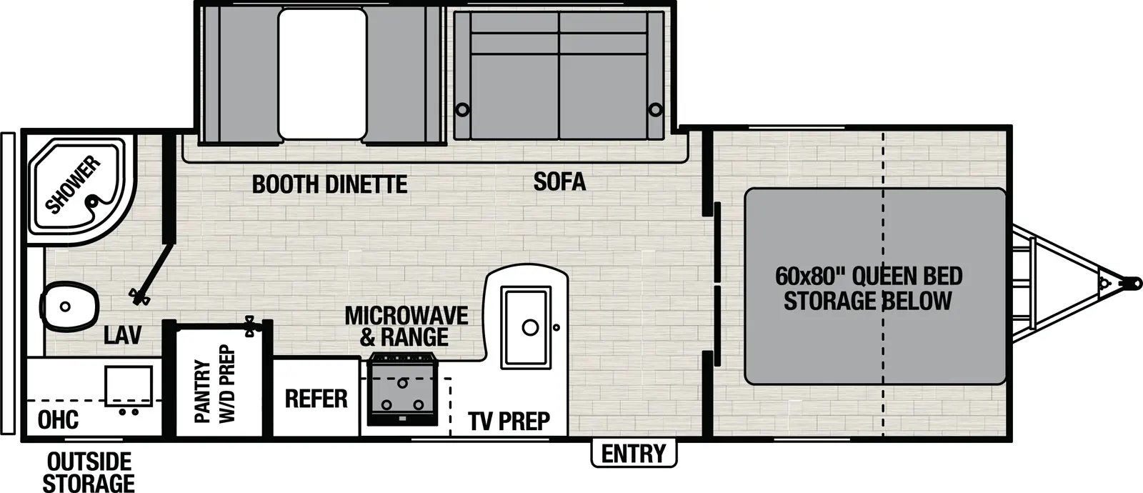 The Northern Spirit SE 24RB floorplan has one entry and one slide out. Exterior features include: fiberglass exterior and 14' awning. Interiors features include: front bedroom and rear bathroom.